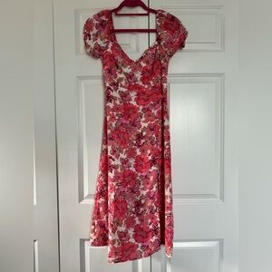 Pink puffed sleeve midi dress.